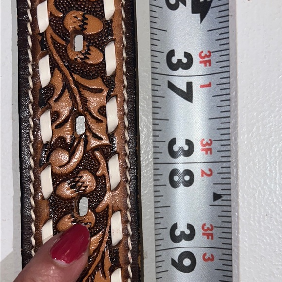 Ranch Pal Brown and Tan Tooled Leather Belt  size 38 armadillo, buckle - Picture 9 of 12